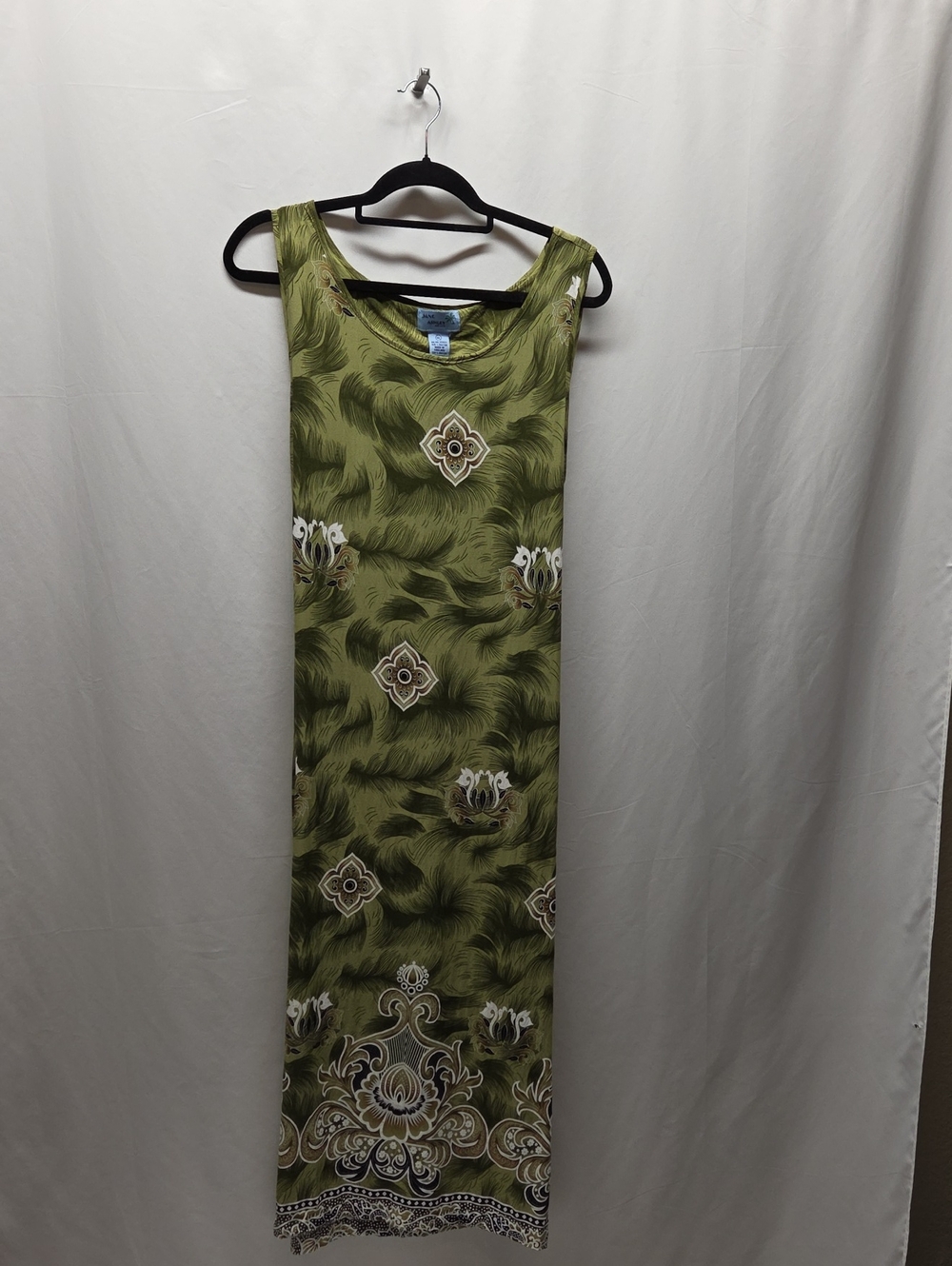 Jane Ashley Olive Green Sleeveless Maxi with Ornamental Motif Garden Party Artsy